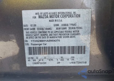 2010 Mazda Mazda6 I Sport z USA, uszkodzony, nr VIN 1YVHZ8BH1A5M04370